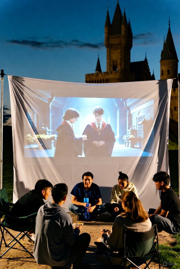 Potterheads watching outdoor movie